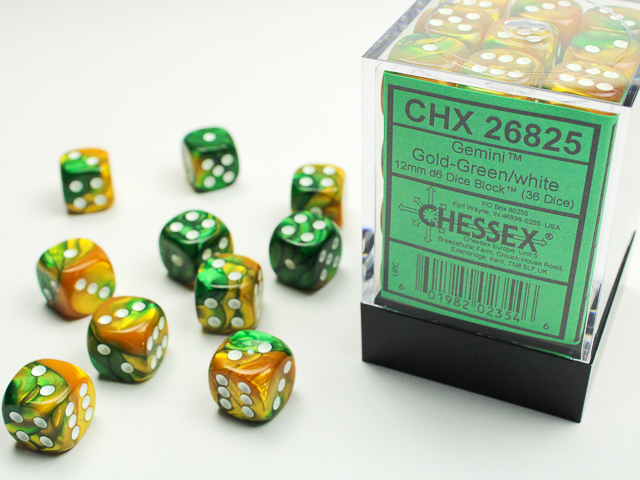 Dice : CHESSEX 26825 Gemini Gold-Green/white 12mm d6 Dice Block (36 dice)