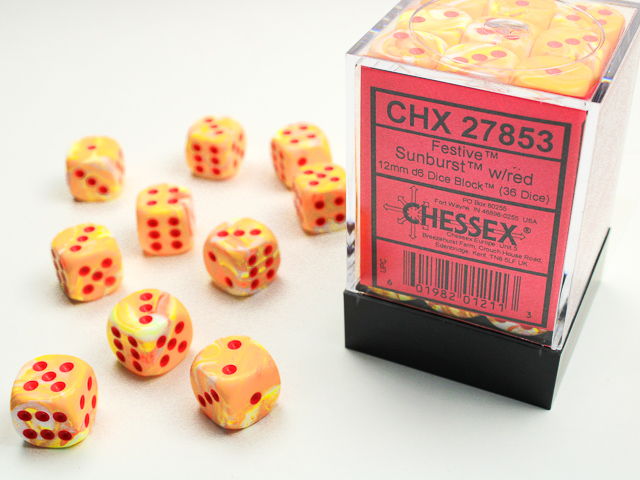 Dice : CHESSEX 27853  Festive Sunburst/red 12mm d6 Dice Block (36 dice)