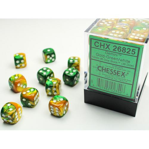Dice : CHESSEX 26825 Gemini Gold-Green/white 12mm d6 Dice Block (36 dice)