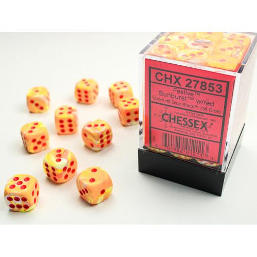 Dice : CHESSEX 27853  Festive Sunburst/red 12mm d6 Dice Block (36 dice)