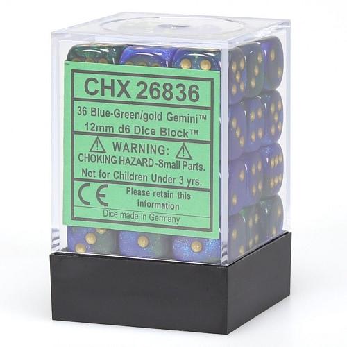 Dice : CHESSEX 26836 Gemini Blue-Green/gold 12mm d6 Dice Block (36 dice)