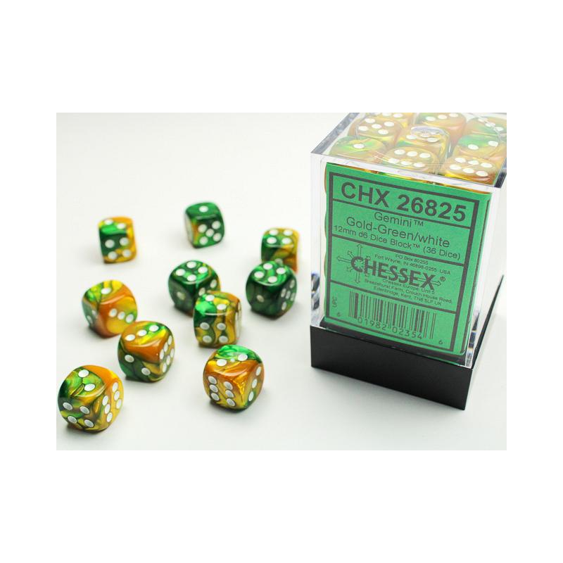 Dice : CHESSEX 26825 Gemini Gold-Green/white 12mm d6 Dice Block (36 dice)